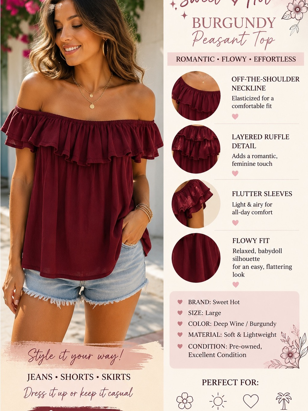 Burgundy Off-the-Shoulder Ruffle Peasant Blouse by Sweet Hot
